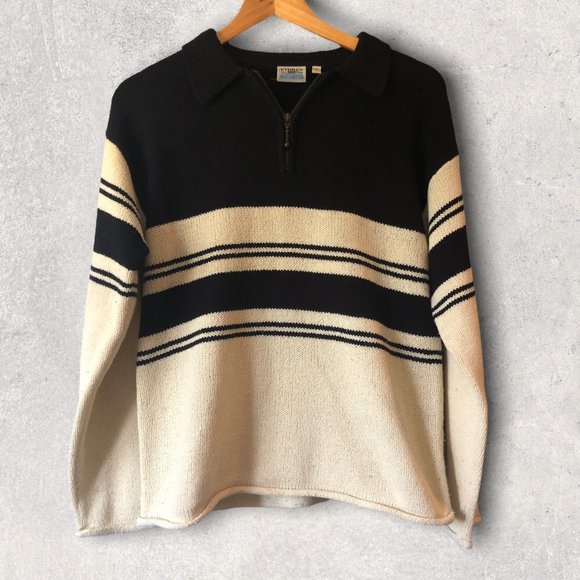Vintage Sweaters - 90s Quarter Zip Pullover Cotton Knit Striped Sweater